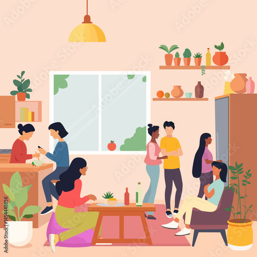 Group of diverse people co living in the room of a cozy house or student accommodation at college or university. Roommates and friends sharing life together everyday at home in a rental apartment