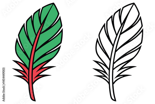 Vibrant green and red feather stands beside its monochrome outline on transparent background