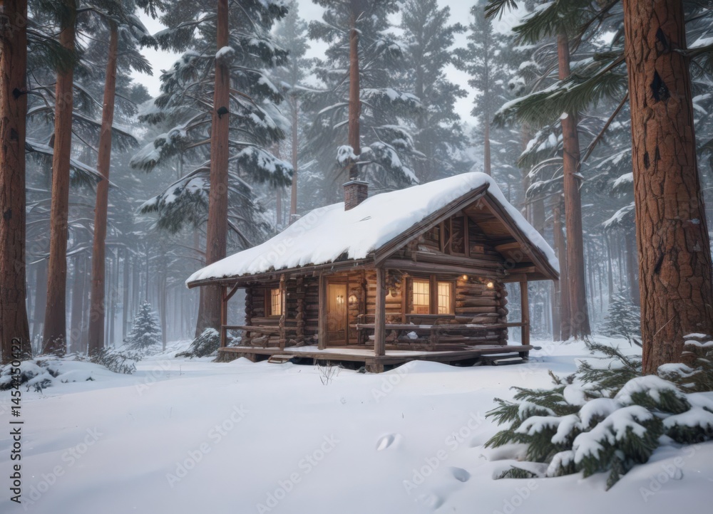 Snow drifts blanket pine boughs, rustic cabin nestled in snowy woods Gentle snowfall , snow scene, serene Snow drifts blanket pine boughs, rustic cabin nestled in snowy woods Gentle snowfall , snow scene, serene