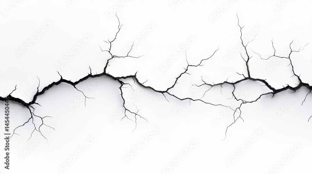 Cracked wall texture with intricate patterns, showcasing stark contrast against white background, evoking sense of decay and imperfection Cracked wall texture with intricate patterns, showcasing stark contrast against white background, evoking sense of decay and imperfection