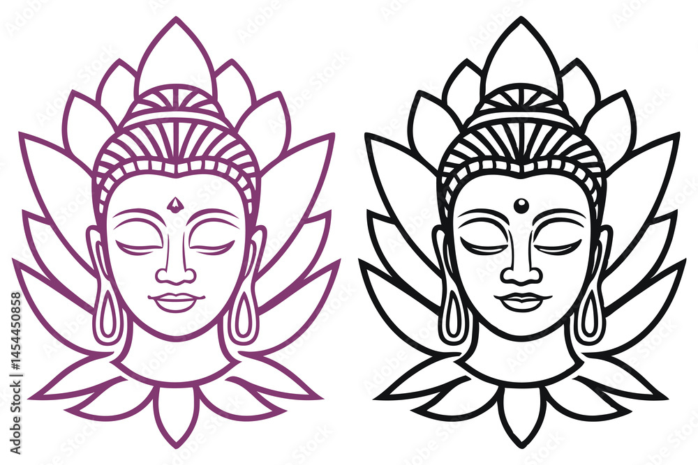 Serene meditating Buddha face, framed by lotus petals, is depicted in simple purple and black lines Serene meditating Buddha face, framed by lotus petals, is depicted in simple purple and black lines