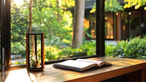 Tranquil garden view from a sunlit wooden table.