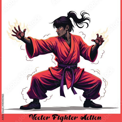 Martial Arts Fighter Vector – Action Pose, Anime Style, Energy Power, Karate Illustration