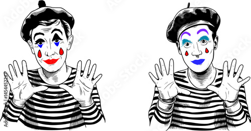 Mime Performer Illustration vector set – Expressive Character in Striped Shirt and Beret with Dramatic Face Paint