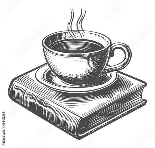 Vintage Coffee Cup on Open Book with Steam Rising in Black and White