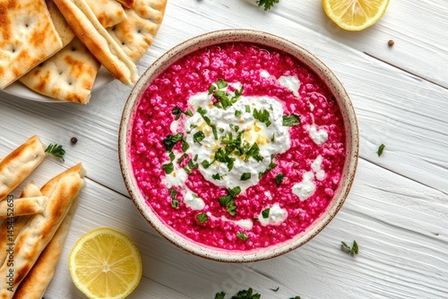 Wallpaper Mural Vibrant beet dip in a bowl, garnished with herbs and a creamy topping, alongside pita bread and lemon Torontodigital.ca