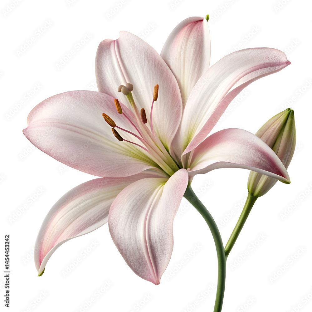 Fototapeta premium Lily 3D rendered flower delicately isolated on a white background with intricate details and vibrant white petals 