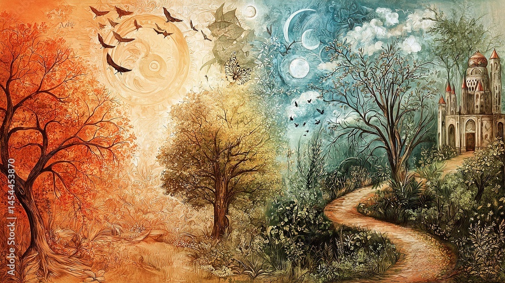 Colorful, fantasy, landscape depicting seasonal changes.