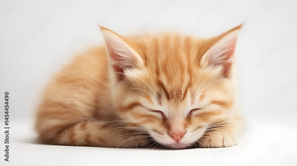 A ginger kitten with white paws and a pink nose, lying on a white surface with its eyes closed. A ginger kitten with white paws and a pink nose, lying on a white surface with its eyes closed.