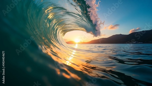 Sunset Tunnel Wave: A vibrant ocean wave curls into a glowing tunnel, framing a golden sunset with hues of blue, green, and orange against a calm sea and distant hills.