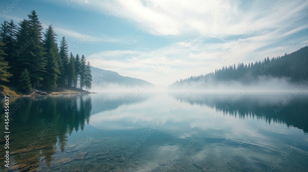 Fototapeta premium Serene lake reflecting misty mountains and evergreen trees under a bright sky
