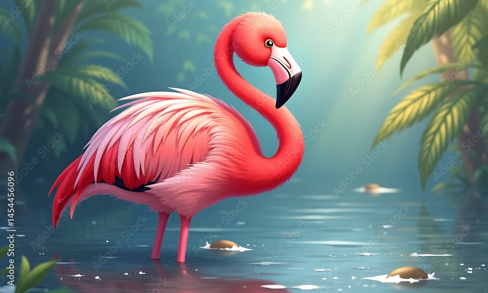 Fototapeta premium Elegant Flamingo Gracefully Posing in Lush Tropical Waters