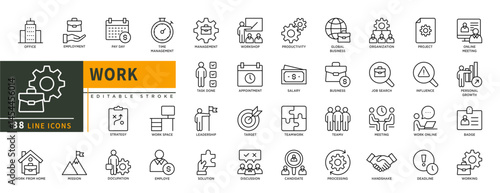 Minimalist Work line icons set with editable stroke, featuring office, pay day, mission, work from home, task done, appointment, target, leadership,  teamwork, busines, badge.thin linear illustration.