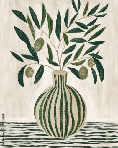 Elegant striped vase filled with lush green leaves and olives, s