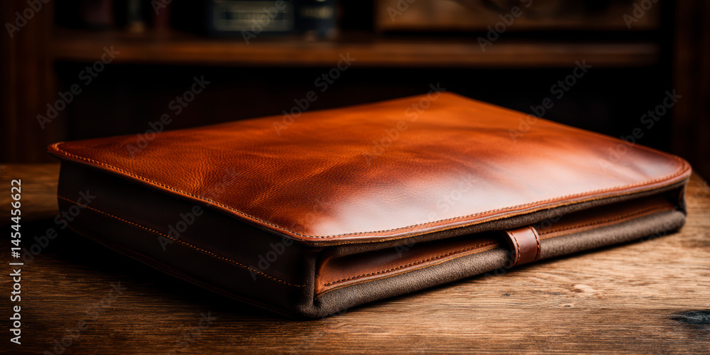 Brown Leather Laptop Case with Soft Lining on Wooden Desk Brown Leather Laptop Case with Soft Lining on Wooden Desk