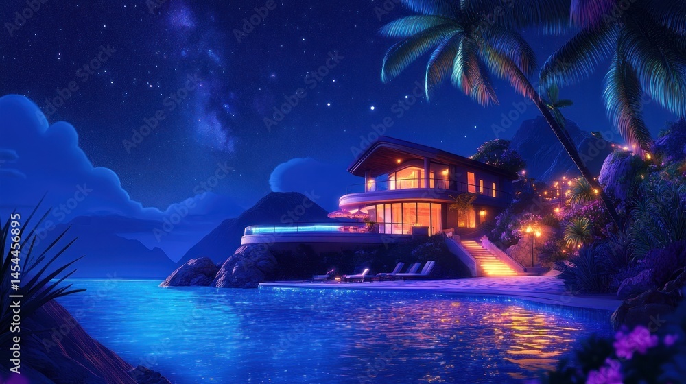 Fototapeta premium Luxurious beachfront home at night, tropical paradise