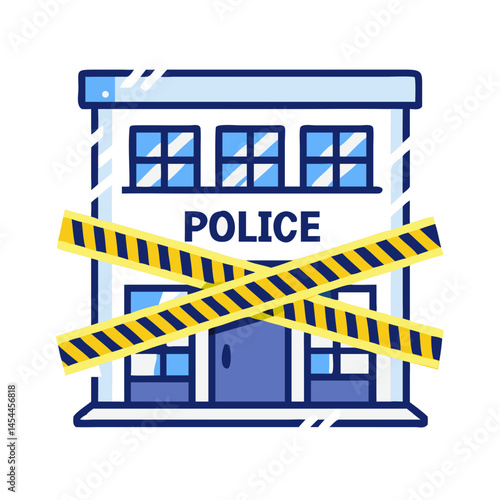 Police Station with Crime Scene Tape Icon Representing Law Enforcement and Criminal Investigation