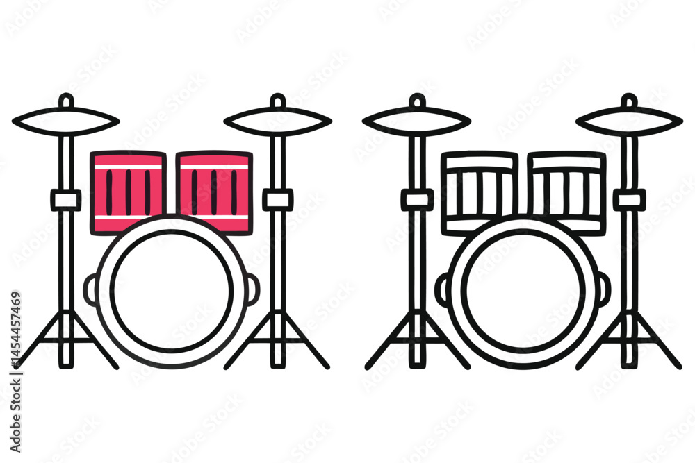Two minimalist drum sets, one with red accents, stand on a transparent background Two minimalist drum sets, one with red accents, stand on a transparent background