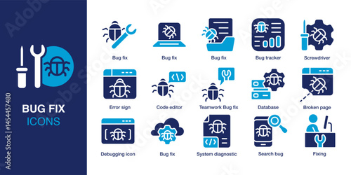Bug Fix icon set. Containing bug tracker, code editor, error sign, broken page, debugger, and search bug. Solid vector icons collection. Vector illustration.