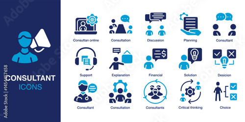 Consultant icon set. Containing consultation, discussion, explanation, planning, financial, and critical thinking. Solid vector icons collection. Vector illustration.