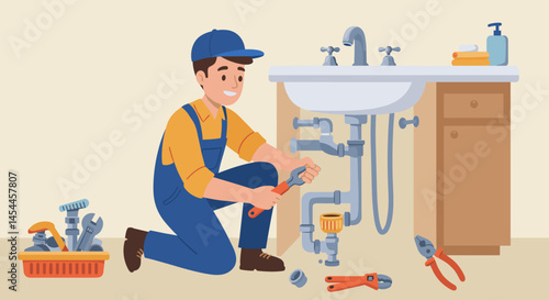 Plumber happily repairing pipes under the sink at home  