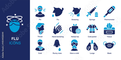 Flu icon set. Containing runny nose, thermometer, have a cold, sneezing, tissue, throat and more. Solid vector icons collection. Vector illustration.