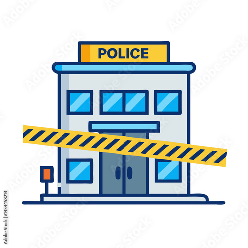 Police Station with Crime Scene Tape Icon Representing Law Enforcement and Criminal Investigation