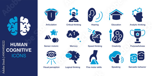 Human Cognitive icon set. Containing memory, creativity, critical thinking, articulation, education, logical thinking and more. Solid vector icons collection. Vector illustration.