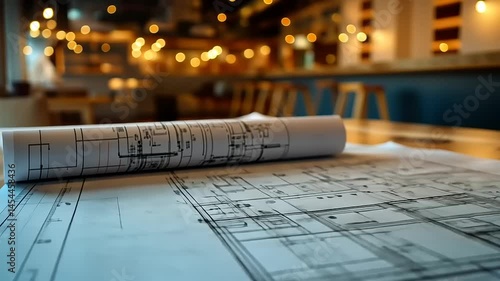 Architectural plans on a table in a restaurant