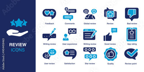 Review icon set. Containing feedback, comments, good review, user experience, quality, app rating and more. Solid vector icons collection. Vector illustration.
