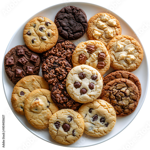 Plate of cookies arranged neatly, top view, transparent background