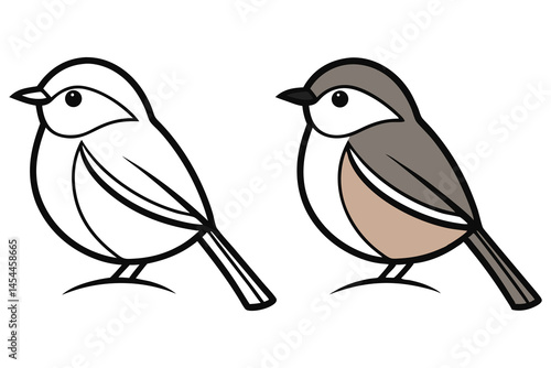Adorable bird cartoon in color and outline stands against a transparent background