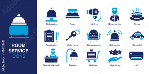 Room Service icon set. Containing hotel room, bell service, dinner, receptionist desk, suitcase, registration and more. Solid vector icons collection. Vector illustration.