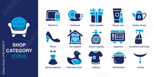 Shop category icon set. Containing Electronic, Tableware, Beauty care, Pet supplies, Clothing, Kitchenware and more. Solid vector icons collection. Vector illustration.