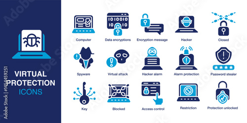 Virtual protection icon set. Containing Computer, Encryption message, Hacker, Password stealer, Access control, Alarm protection and more. Solid vector icons collection. Vector illustration.
