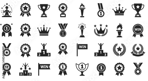 Assorted Achievement Icons Trophies Medals Ribbons Podium and Crown