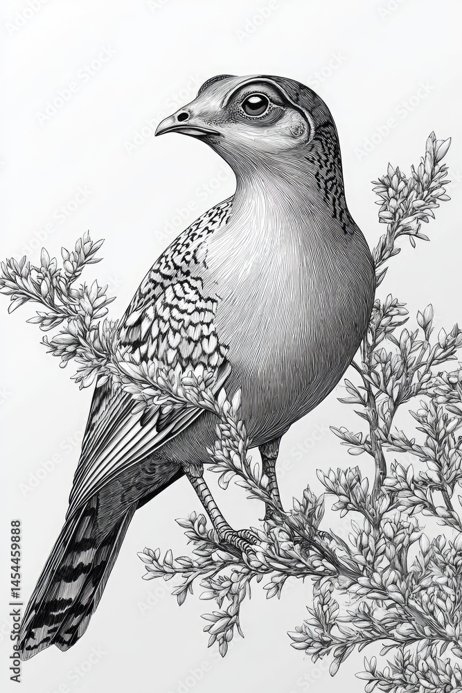 Fototapeta premium Detailed grayscale drawing of a bird perched on a branch. Intricate feather details are evident