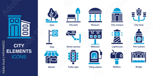 City elements icon set. Containing Park, City mosque, Street camera, Billboard, Traffic light, Fire hydrant and more. Solid vector icons collection. Vector illustration.
