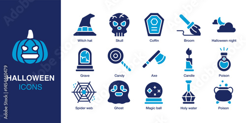 Halloween icon set. Containing skull, coffin, ghost, poison, candle, and witch hat. Solid vector icons collection. Vector illustration.