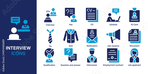 Interview icon set. Containing cv, job applicant, question and answer, job desk, interviewer, and document. Solid vector icons collection. Vector illustration.