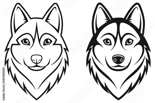 Two stylized husky dog faces with detailed black outlines are featured on a white background