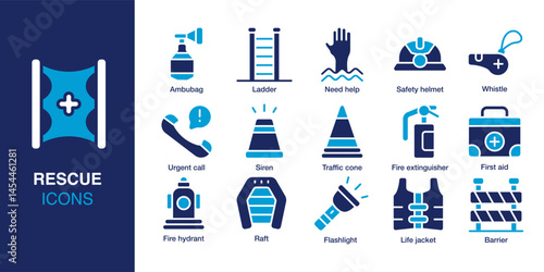 Rescue icon set. Containing ambulance, life jacket, fire extinguisher, ladder, urgent call, and siren. Solid vector icons collection. Vector illustration.