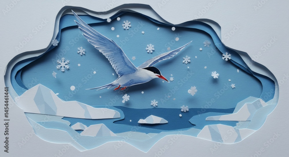 Arctic tern flying over icebergs winter scene paper art illustration beautiful wallpaper background Arctic tern flying over icebergs winter scene paper art illustration beautiful wallpaper background