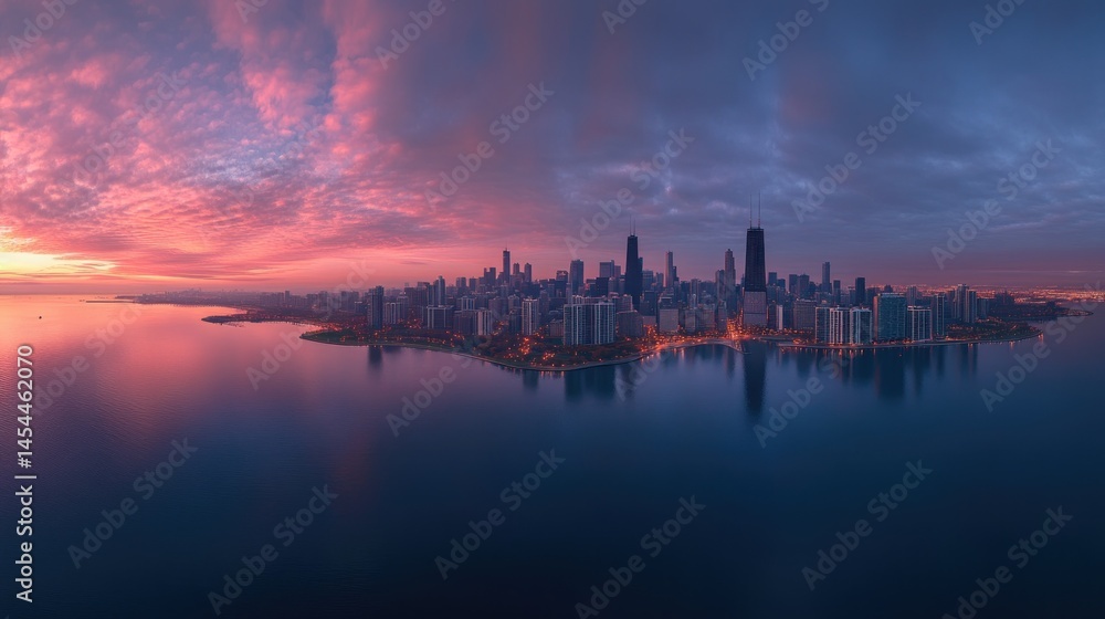 Fototapeta premium Panoramic city sunrise over water