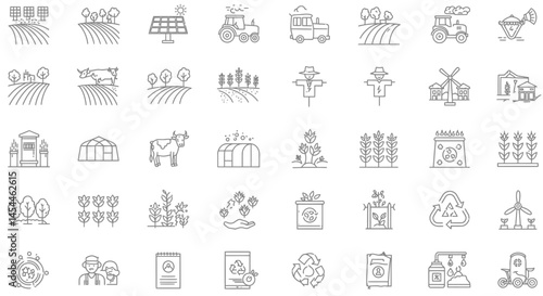 Collection of Grey Line Drawings Depicting Farm Scenes Animals and Sustainable Practices