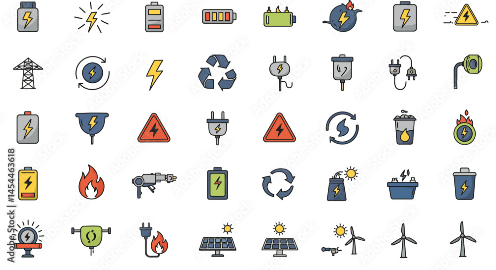 Fototapeta premium Colorful Electricity Icons Batteries Lightning Bolts and Power Symbols