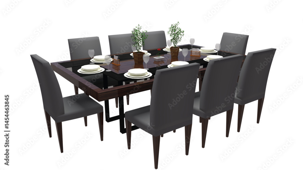 Modern Dining Table Setup With 8 Chairs and Plants 3D Render Modern Dining Table Setup With 8 Chairs and Plants 3D Render