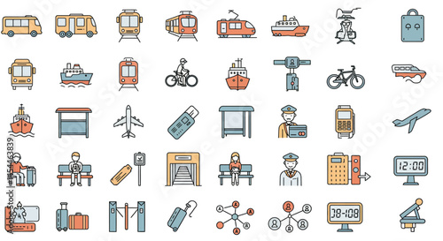 Colorful Public Transport and Travel Icons Set