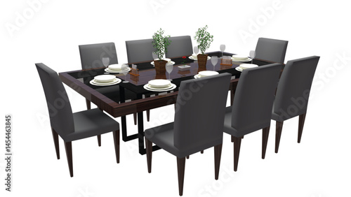 Modern Dining Table Setup With 8 Chairs and Plants 3D Render