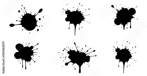 Black dripping ink. Isolated spots of paint, floating oil blots vector set. Blob paint, ink splatter black, stain and drip illustration